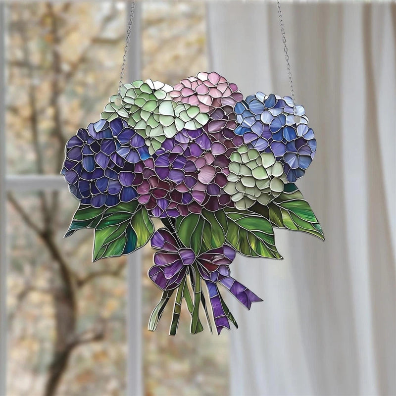 Vintage Hydrangea Suncatcher Window Hanging, Acrylic Flower Bouquet Decor Hydrangea