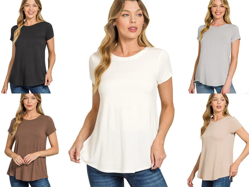 Women’s round-neck short-sleeve stretch top, drapey white knit jersey tee