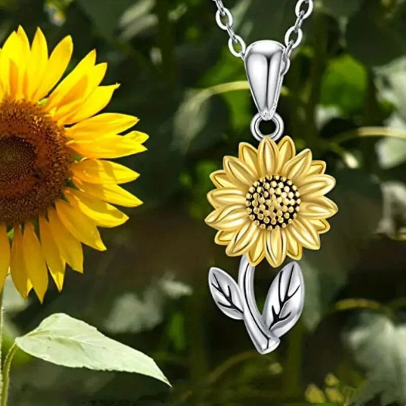 Sunflower necklace pendant with floral charm on silver chain