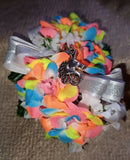 NEW 4" Long Artificial Bright Rainbow Wrist Corsage With Metal Unicorn Charm __ Bouquet