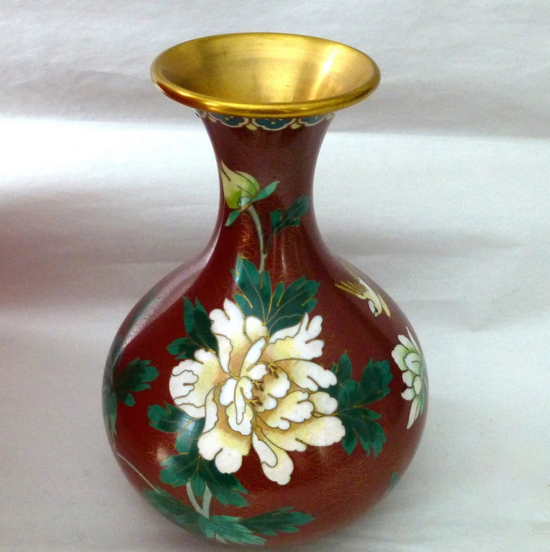 Maroon cloisonne peony flower vase with gold rim and painted floral details