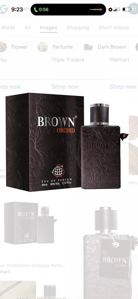 Brown orchid eau de parfum bottle with matching gift box, dark brown glass