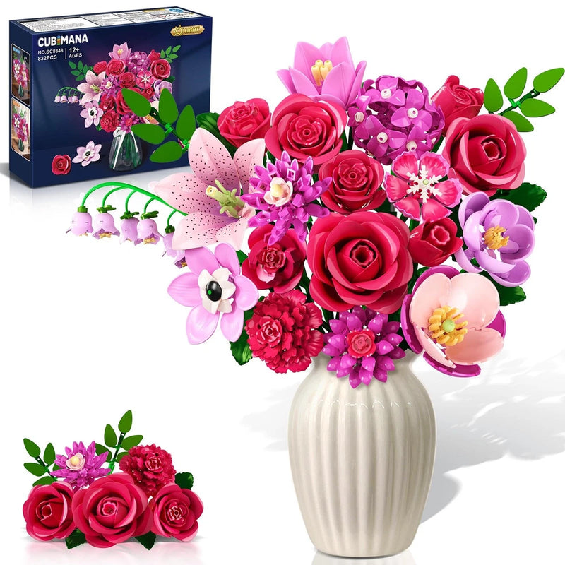 CUBIMANA Flowers Bouquet Building Set with LED - 21 Rose Red Botanical Collectio Hydrangea