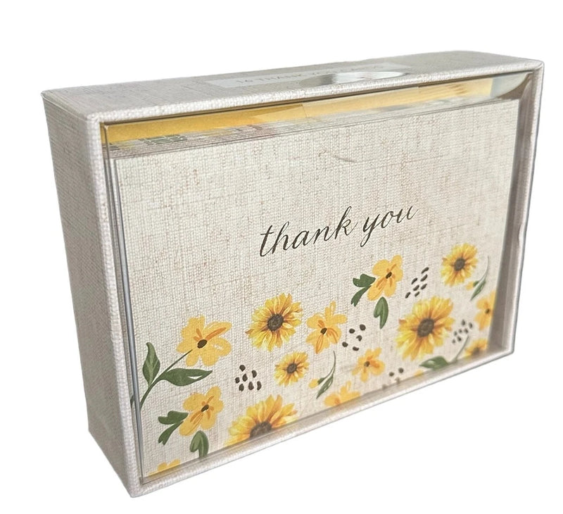 Sunflower thank-you note card set showing 'thank you' script and yellow floral border