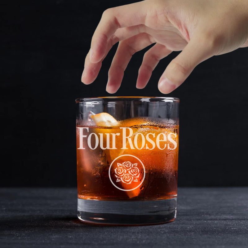 Engraved Four Roses whiskey rocks glass with rose emblem, clear 11 oz tumbler