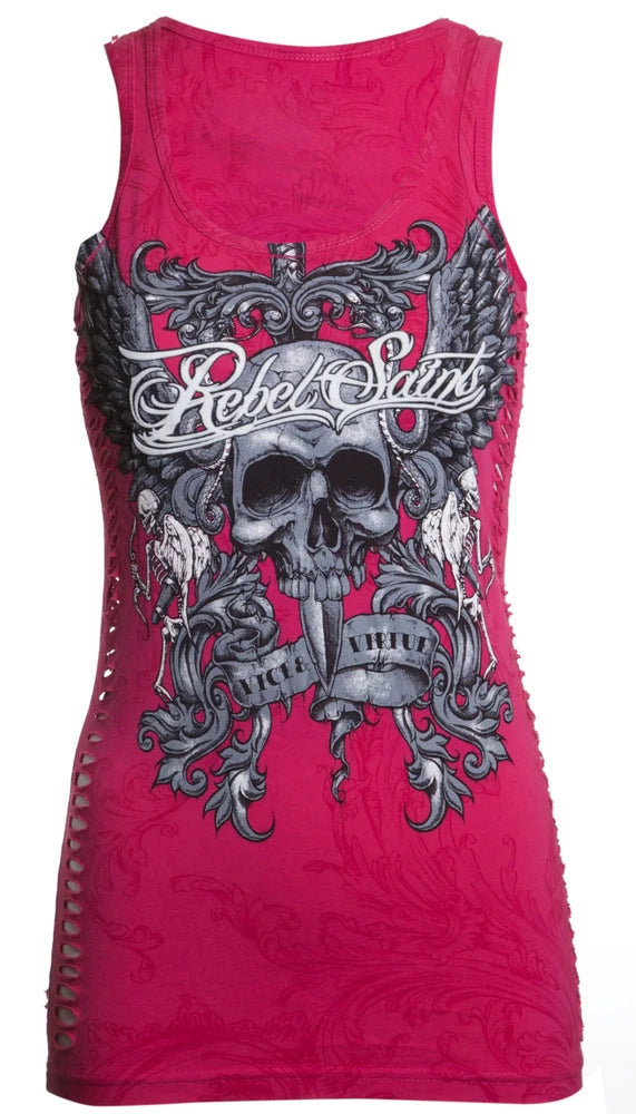 Women’s pink T-shirt with Rebel Saint biker skull and rose tattoo graphic