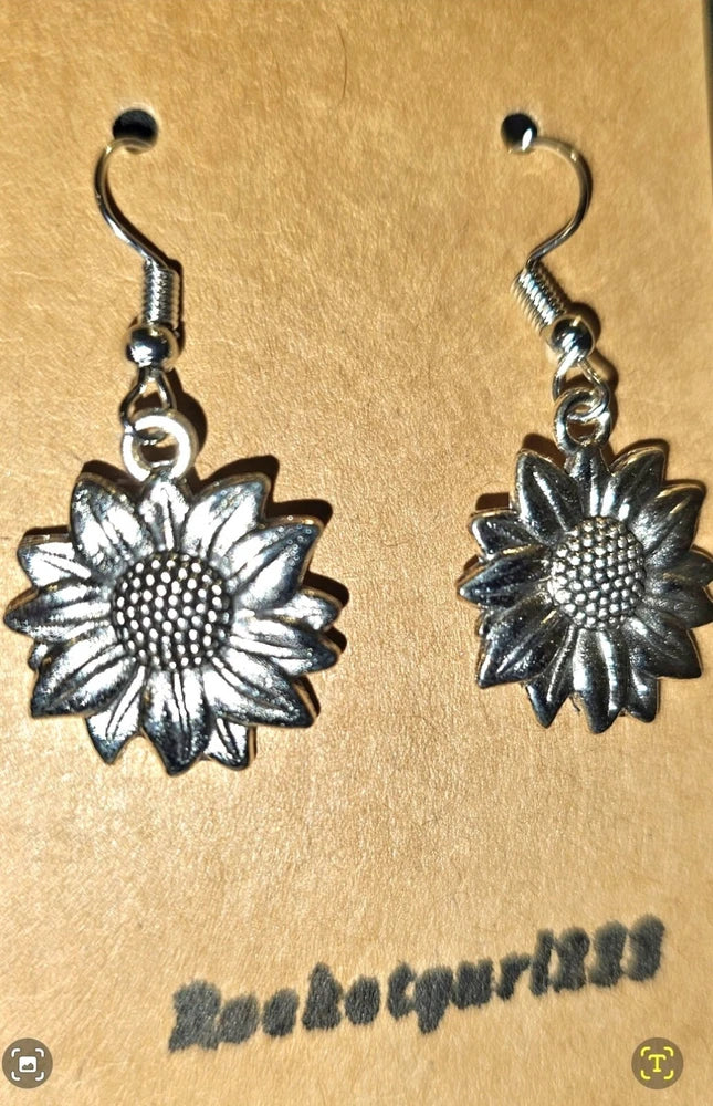 Silver sunflower drop earrings with French hooks, dangling flower charms with textured petals
