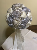 29 WHITE & SILVER SILK ROSES BRIDE WEDDING BOUQUET WITH FUAX DIAMONDS & PEARS Bouquet