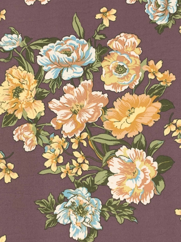 Dusty brown floral double-brushed jersey knit fabric, roses and bouquets pattern