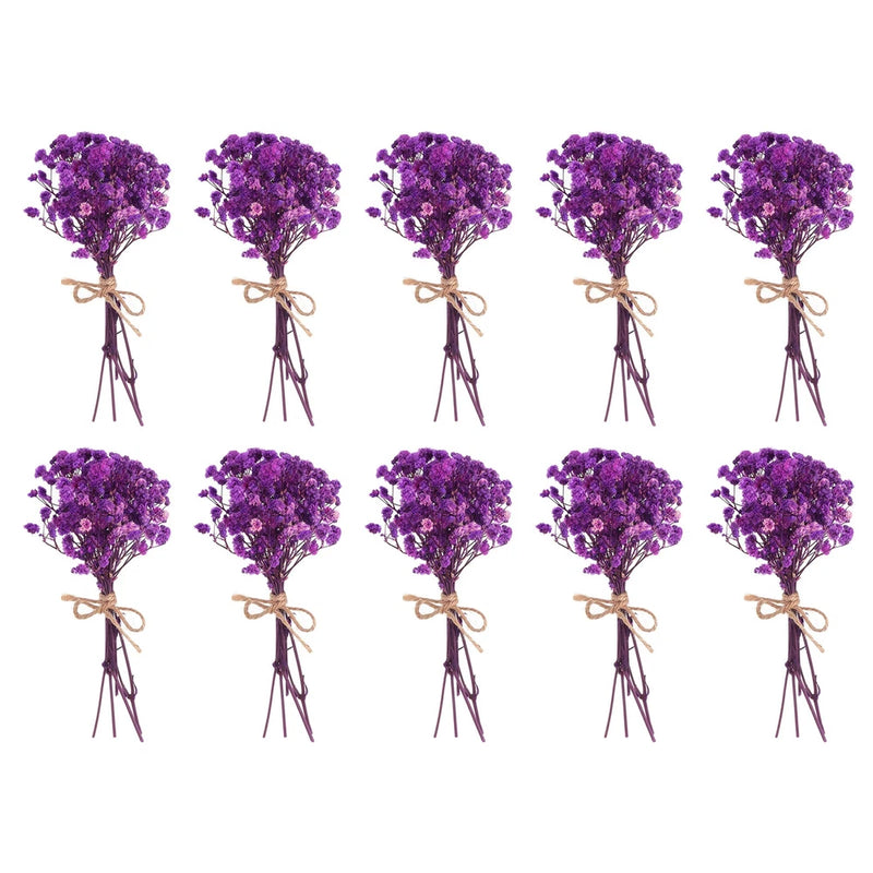 Set of 10 mini dried flower bouquets with purple baby’s breath, tied with twine