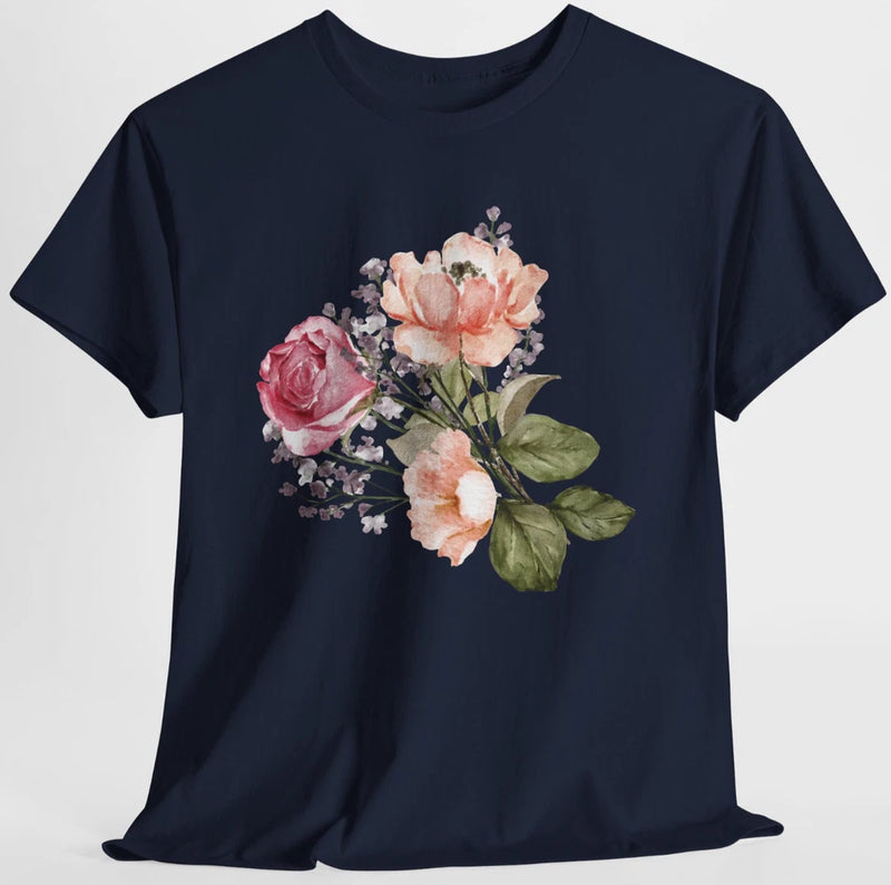 Navy short-sleeve top with peach pink rose floral bouquet print at chest