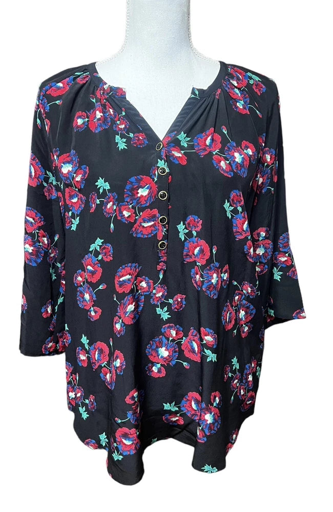 Yumi Kim Womens 100% Silk Carnation Print Blouse Black Red Floral Sz L Carnation