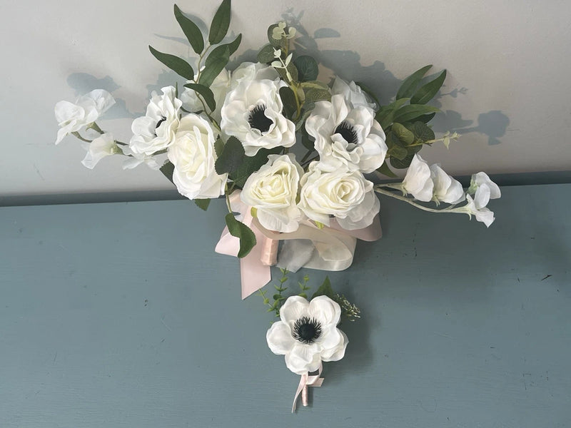 Bride Wedding Bouquet Silk Ribbon Roses Artificial White Flowers Accessories- A3 Bouquet