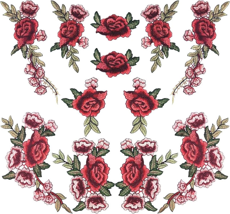 Set of 12 embroidered lace flower patches: red roses and pink peonies with green leaves