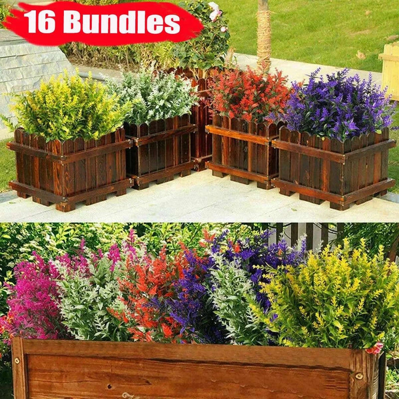 Faux artificial flower plant bundles with colorful vine roses in brown wooden crates