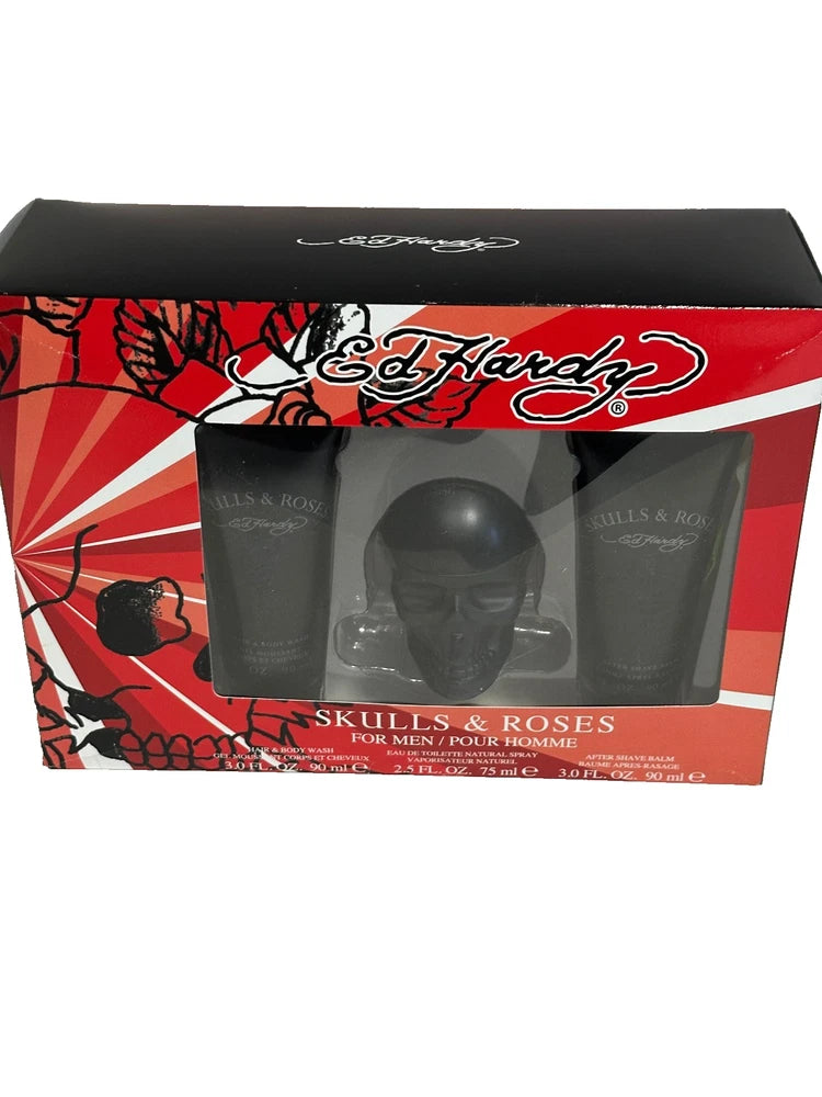 Ed Hardy Skulls & Roses Men 75ml 2.5oz Edt spray 3pc set AfterShave + Body Wash EDT