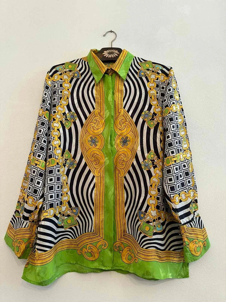 Vintage silk blouse with striped, ornate multicolor print and long sleeves, standing collar
