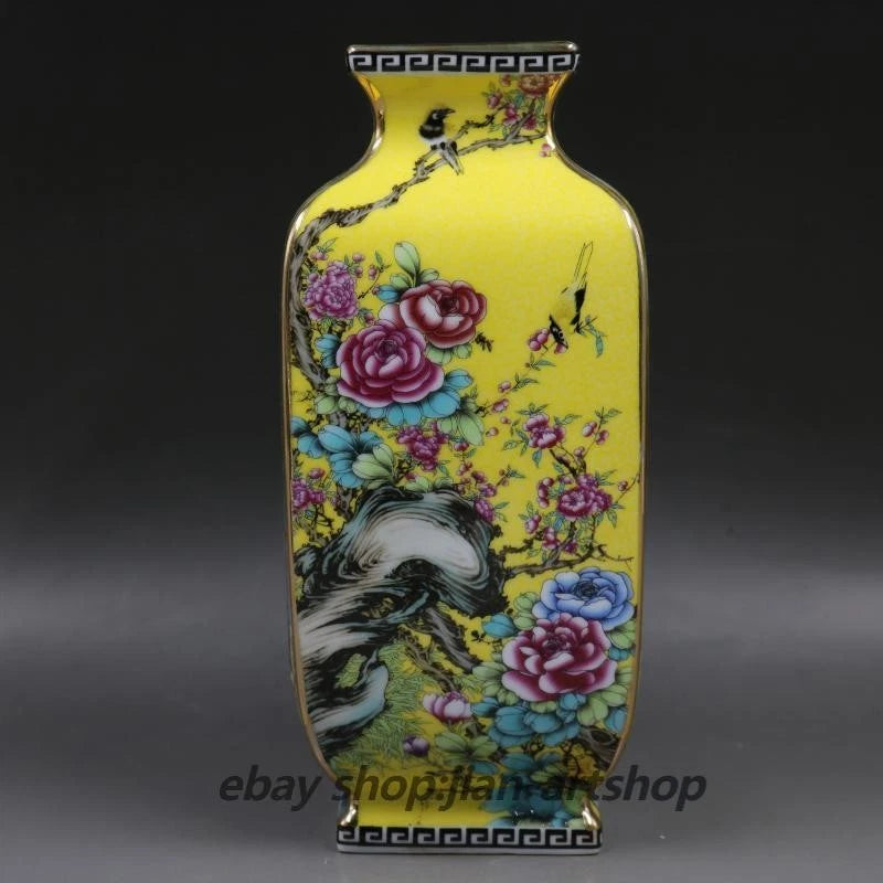 Yellow porcelain vase with bird and peony flower enamel design, four-sided shape