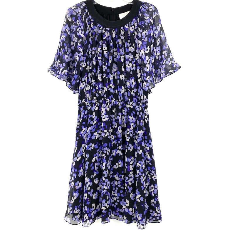 Kate Spade Small Hydrangea Chiffon Dress Silk Purple Black Short Sleeve Hydrangea