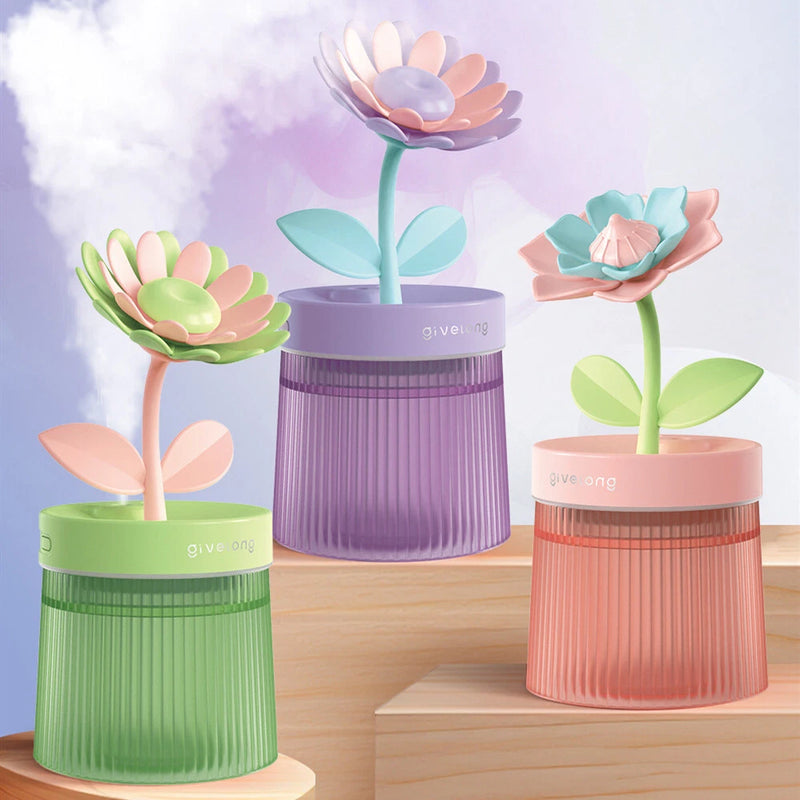 Flower-shaped portable air humidifier with built-in night lamp, purple light