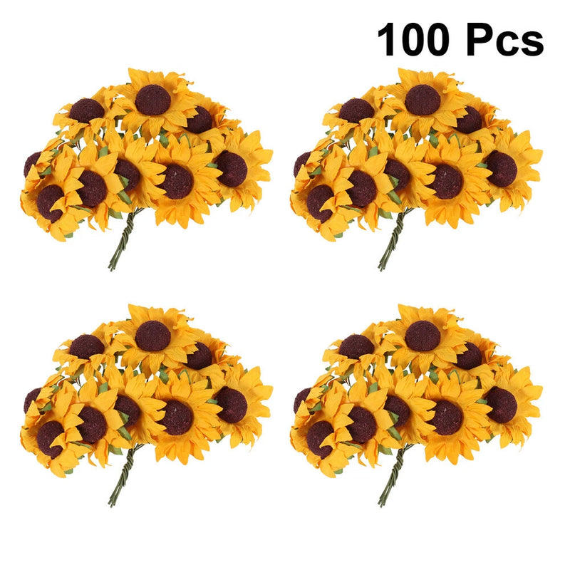 100 pcs mini artificial paper sunflowers with yellow petals and dark brown centers