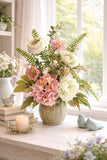 Blush Pink Floral Arrangement, Spring Romantic Flowers, Hydrangea Peony Green Plant