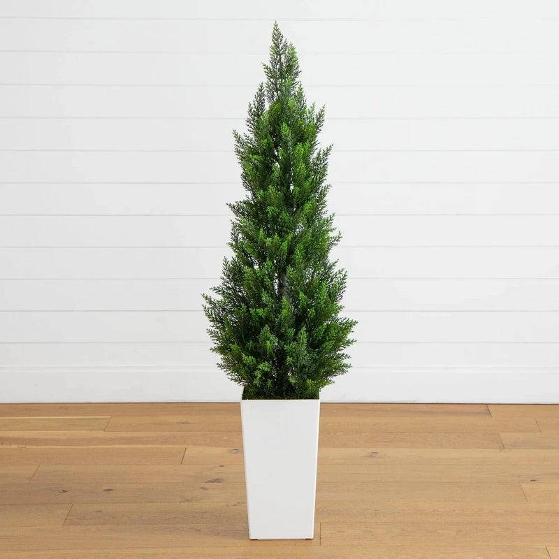 56ÓUV Resistant Artificial Cedar Tree in White Tower Planter Green Plant