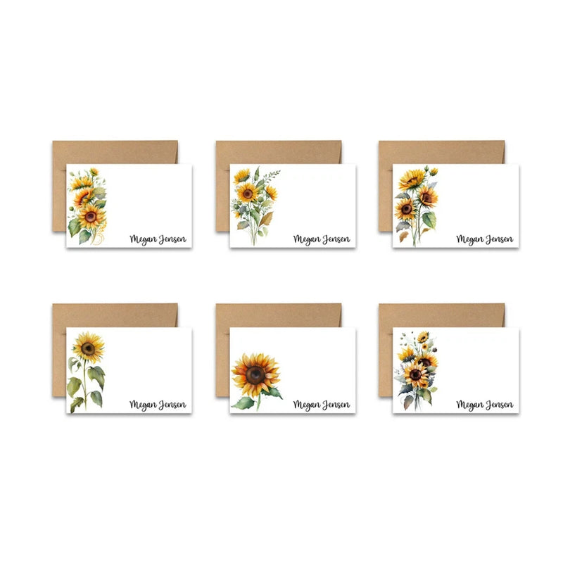 Sunflower floral notecards set with envelopes, with cursive name text on cards