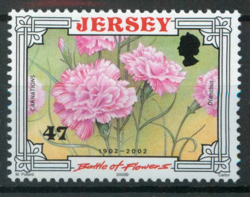 Jersey postage stamp with pink carnation flowers and '47' value