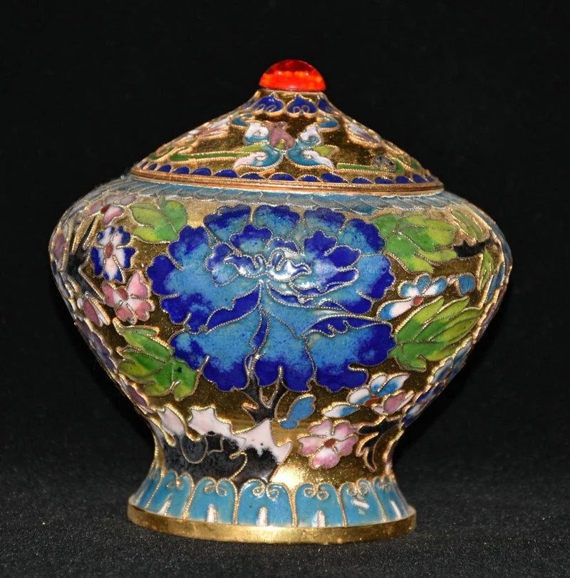 5.6" Old Chinese Cloisonne Peony Flower Leaf Pattern Lid Pot Jar Crock Peony