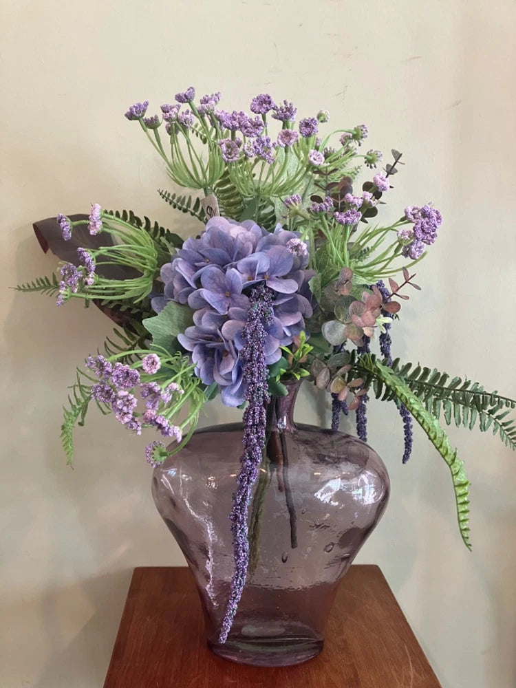 Creative lavender & purple silk 20Óh arrangement  in purple heart shape hammered Hydrangea