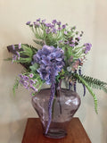 Creative lavender & purple silk 20Óh arrangement  in purple heart shape hammered Hydrangea