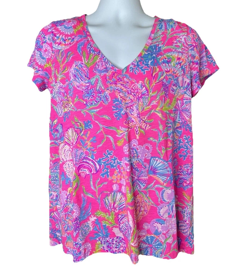 Women's v-neck short-sleeve top, pink with colorful floral and sea-life print