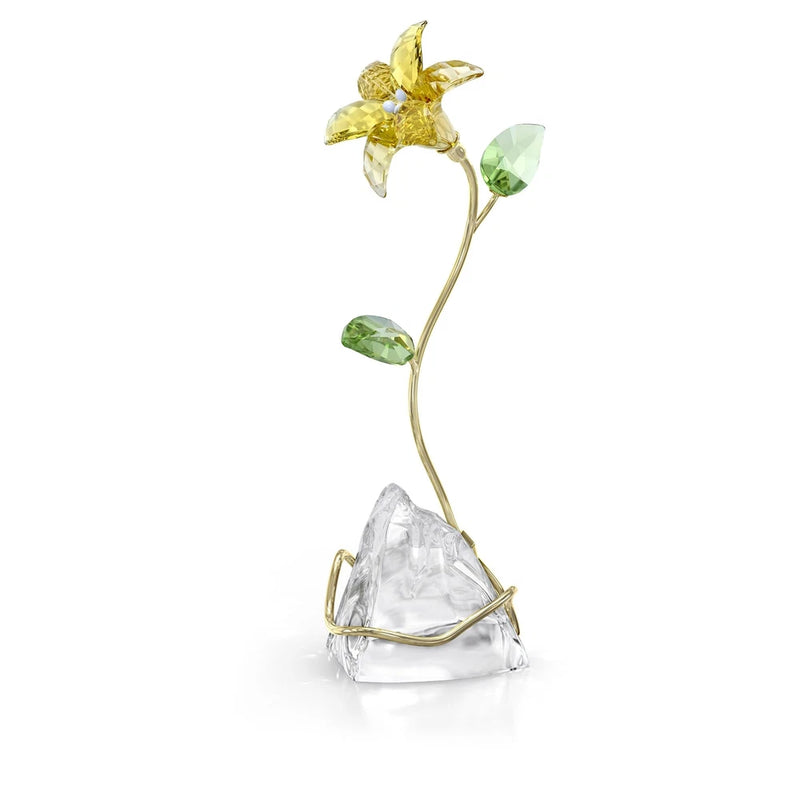 Swarovski crystal lily decoration with yellow bloom, green petals, clear crystal base
