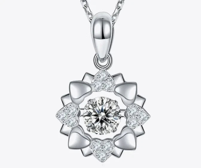 Elegant White Round Cut Moissanites In 10K White Gold Sunflower Floral Pendant Sunflower