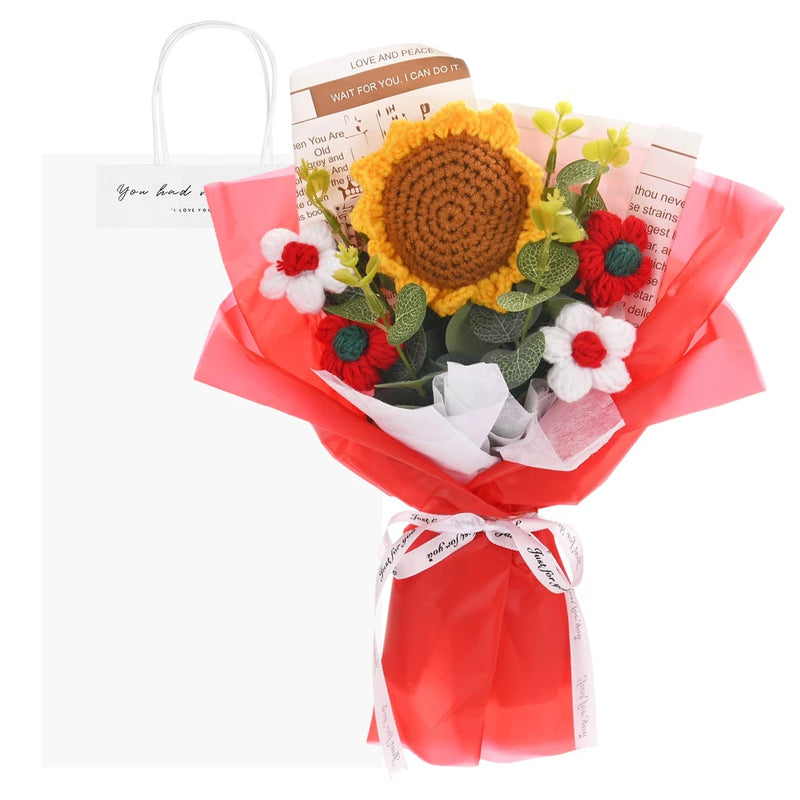 Crochet sunflower flower bouquet with red gift bag, wrapped in red paper with small blooms