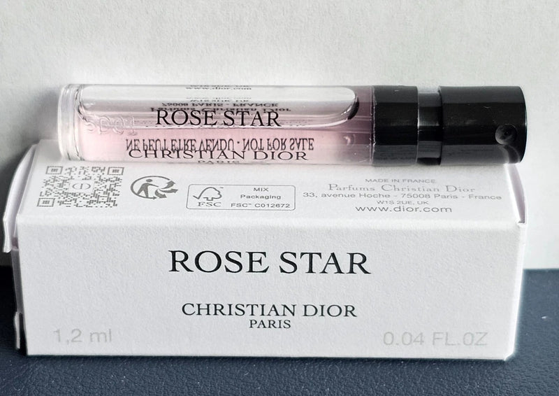 Dior Rose Star perfume sample spray with clear vial and black cap, 1.2 ml box