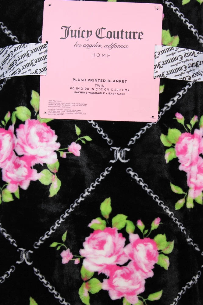 Juicy Couture Black W Pink Roses 60" x 90" Soft Plush Twin Blanket Roses