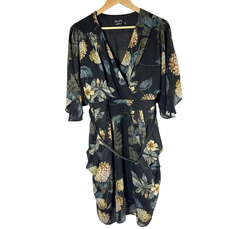City Chic Ultra Glam Golden Hydrangea Floral Print Wrap Dress Size M/ 18 Hydrangea