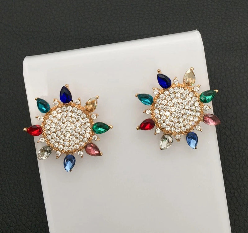 Fashion Multi-Color Crystal Rhinestone Sunflower Stud Pierced Earrings Sunflower