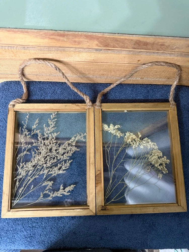 Double wood framed pressed flower wall decor with glass panels and jute rope