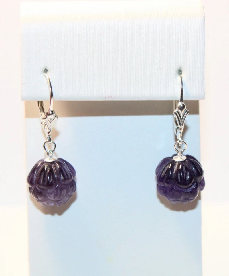 Amethyst purple peony dangle earrings with carved flower beads and silver-tone hooks