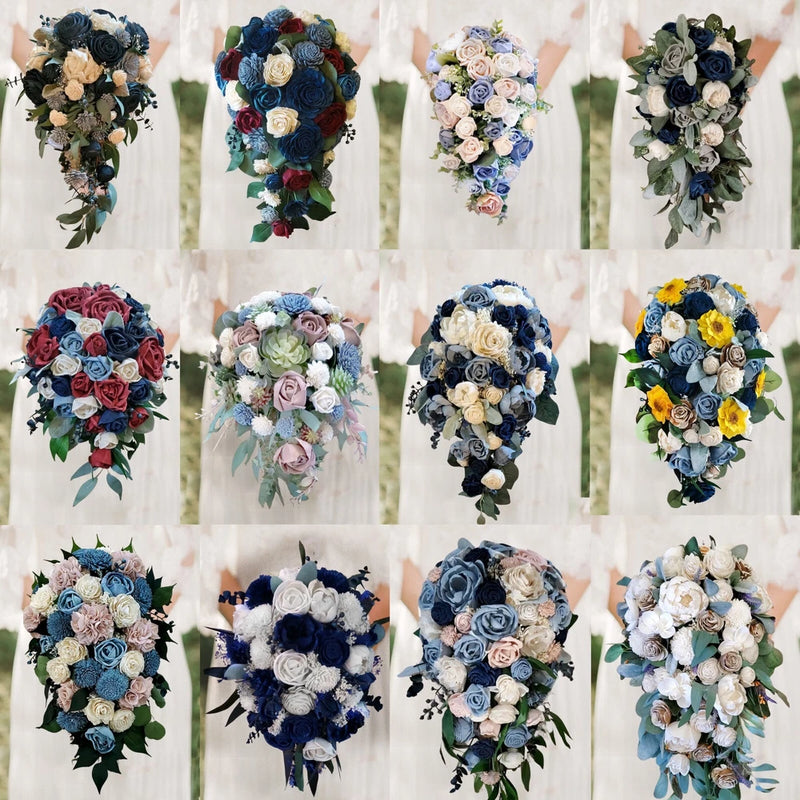 Multicolor bridal cascade bouquet with blue, pink, yellow roses and greenery