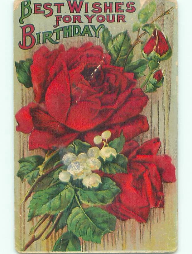 Birthday card with red roses and lily-of-the-valley flowers
