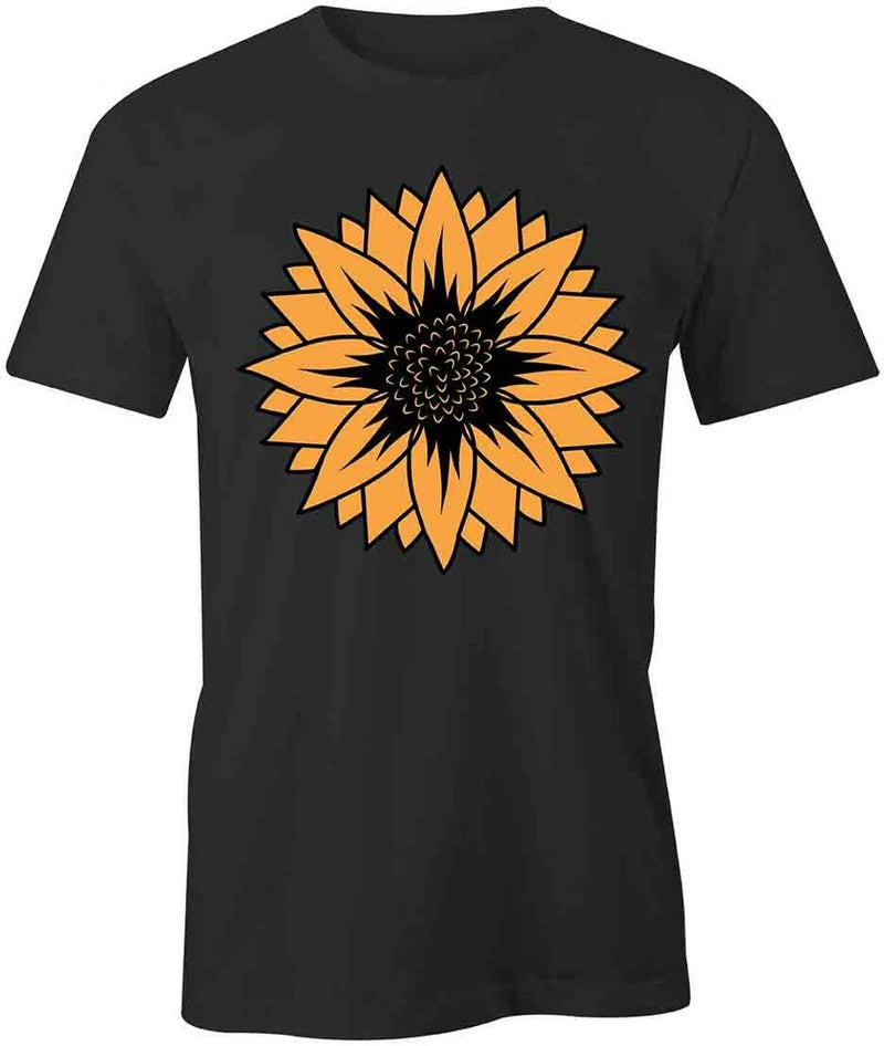 Black cotton crew-neck T-shirt with large orange sunflower graphic, short sleeves
