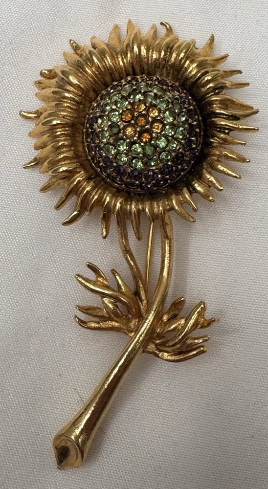 Gold Metal Sunflower Brooch Multi Color Rhinestone Center Sunflower