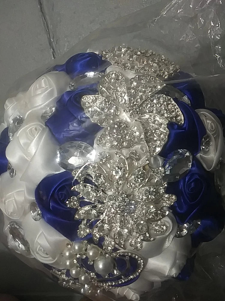 Bridal Bouquet Exquisite Rhinestone Silk Rose and Pearl Handmade 7in Round (BB) Bouquet