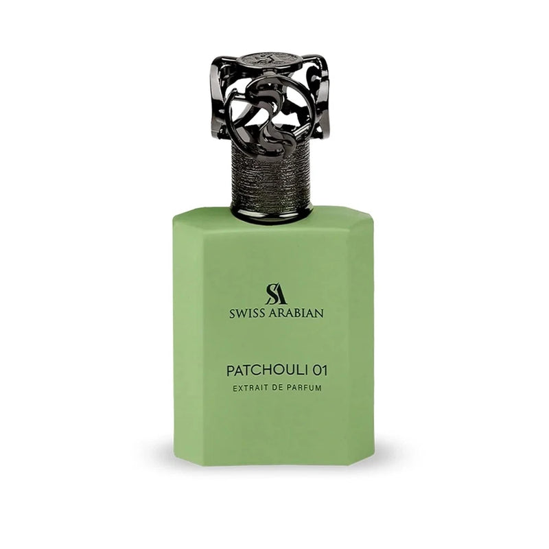 Green Patchouli 01 extrait de parfum bottle with black cap and Swiss Arabian label