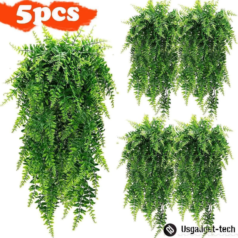 5pc Ferns Artificial Rattan Plastic Fake Hanging Plant Vine Outdoor UV Resistant Green Plant