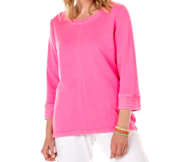 Pink French terry sweatshirt with crew neck, 3/4 sleeves, and ribbed cuffs